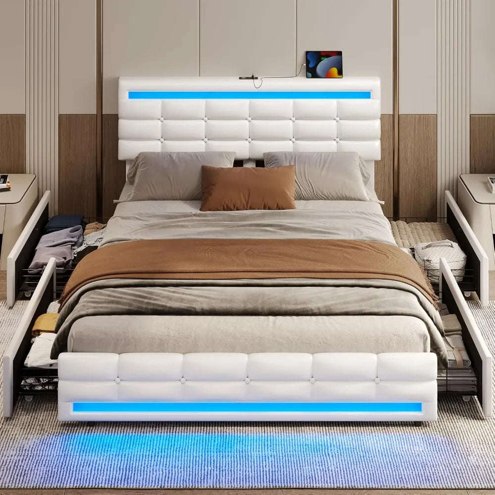 Queen Bed Frame w/Drawers, Charging Station & LED Lights
Queen Pu Leather Bed Frame with Drawers, LED Lights & Charging Station