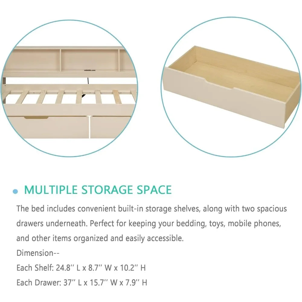 Full Size Wood Daybed with Storage Shelves Built in Desk and Upholstered Headboard