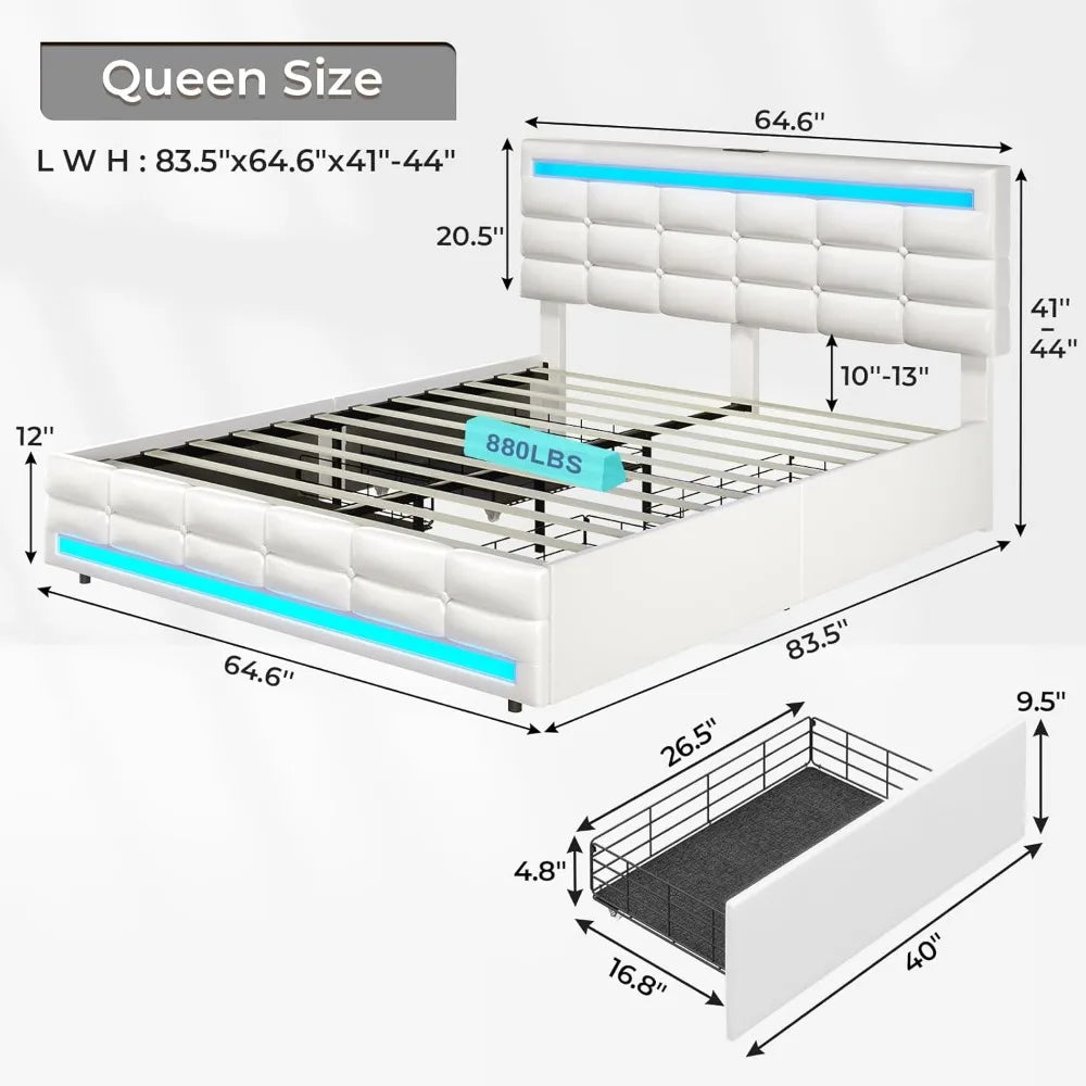 Queen Bed Frame w/Drawers, Charging Station & LED Lights
Queen Pu Leather Bed Frame with Drawers, LED Lights & Charging Station