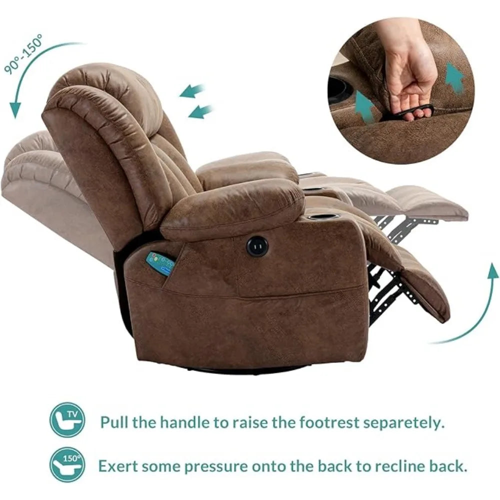 Swivel Rocker/Glider with Massage, Heat and Vibration, 360° Lounge Reclining Chair