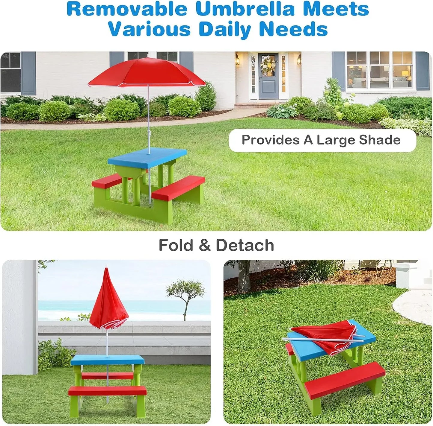 Kids/Toddler Plastic Picnic Table & Bench Set with Umbrella