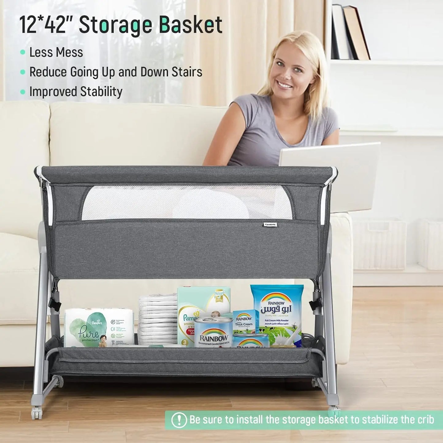Baby Bassinet With Storage Basket, Beside Sleeper And Wheels to Reduce Mom's Fatigue