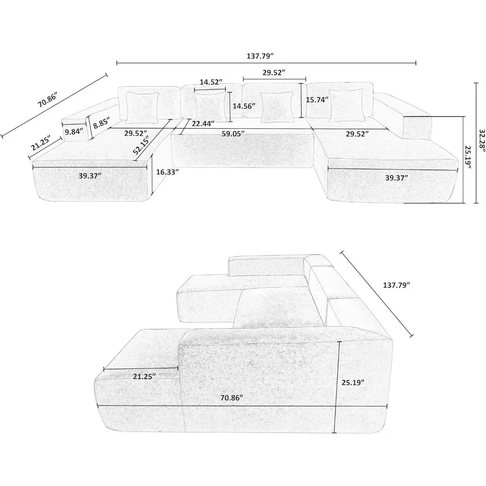 U-Shaped Modular Sectional Sofa/Couches with Plush Cushions