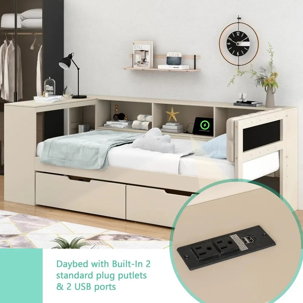 Full Size Wood Daybed with Storage Shelves Built in Desk and Upholstered Headboard