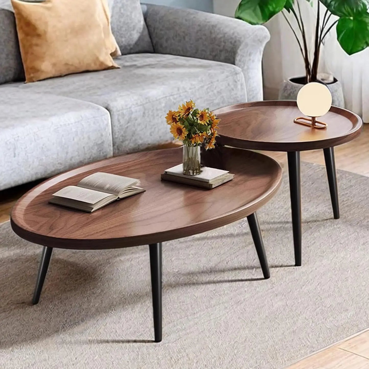 Mid Century Modern Coffee Table, Oval+ Round Side Table Set