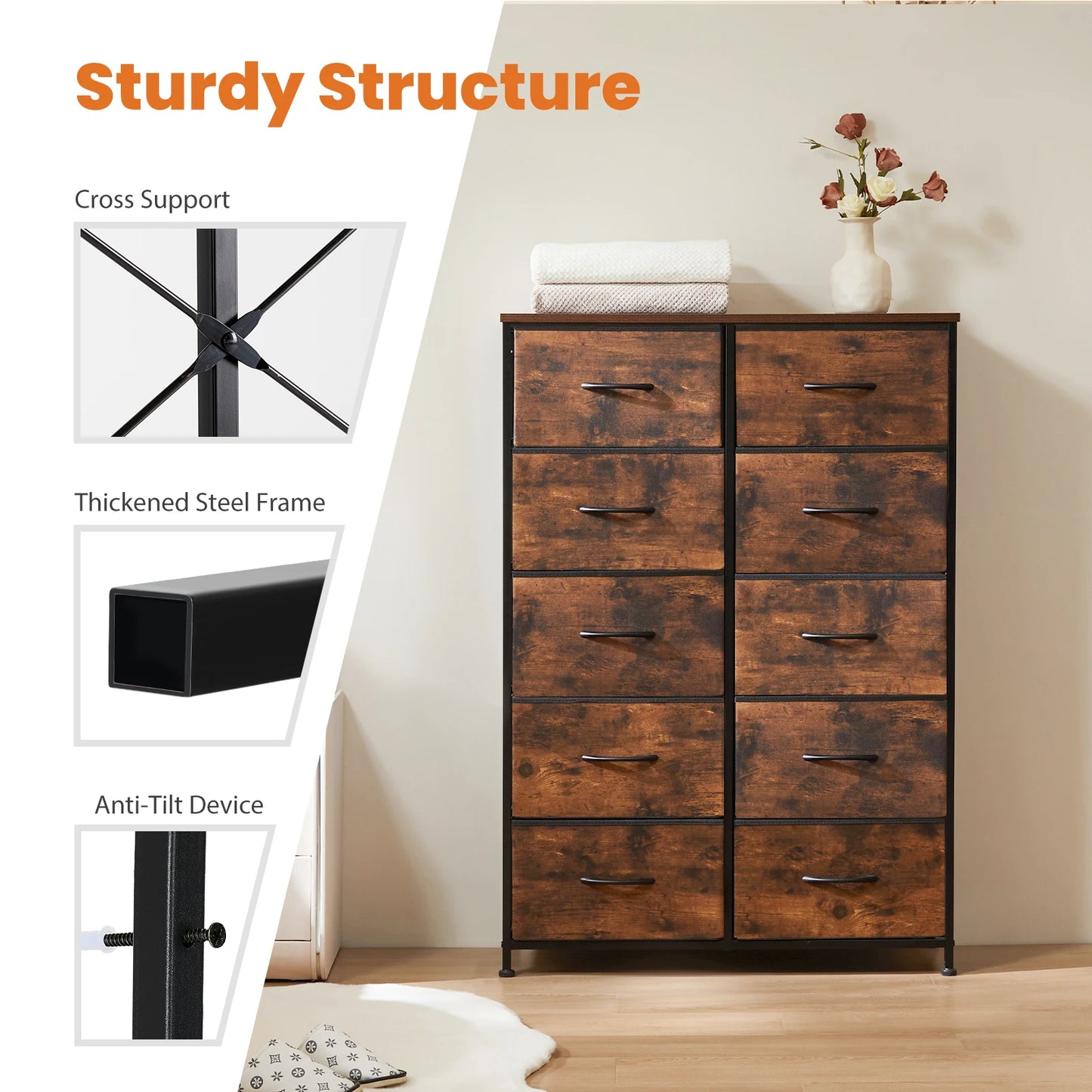 Bedside Table/Chest With 10 Fabric Drawers