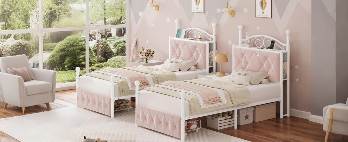 Twin Upholstered Canopy Bed Frame with 2 Drawers & Crystal Tufted Storage Headboard, Pink Princess Bed, Curtain Not Included