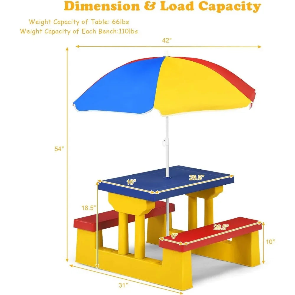 Kids/Toddler Plastic Picnic Table & Bench Set with Umbrella