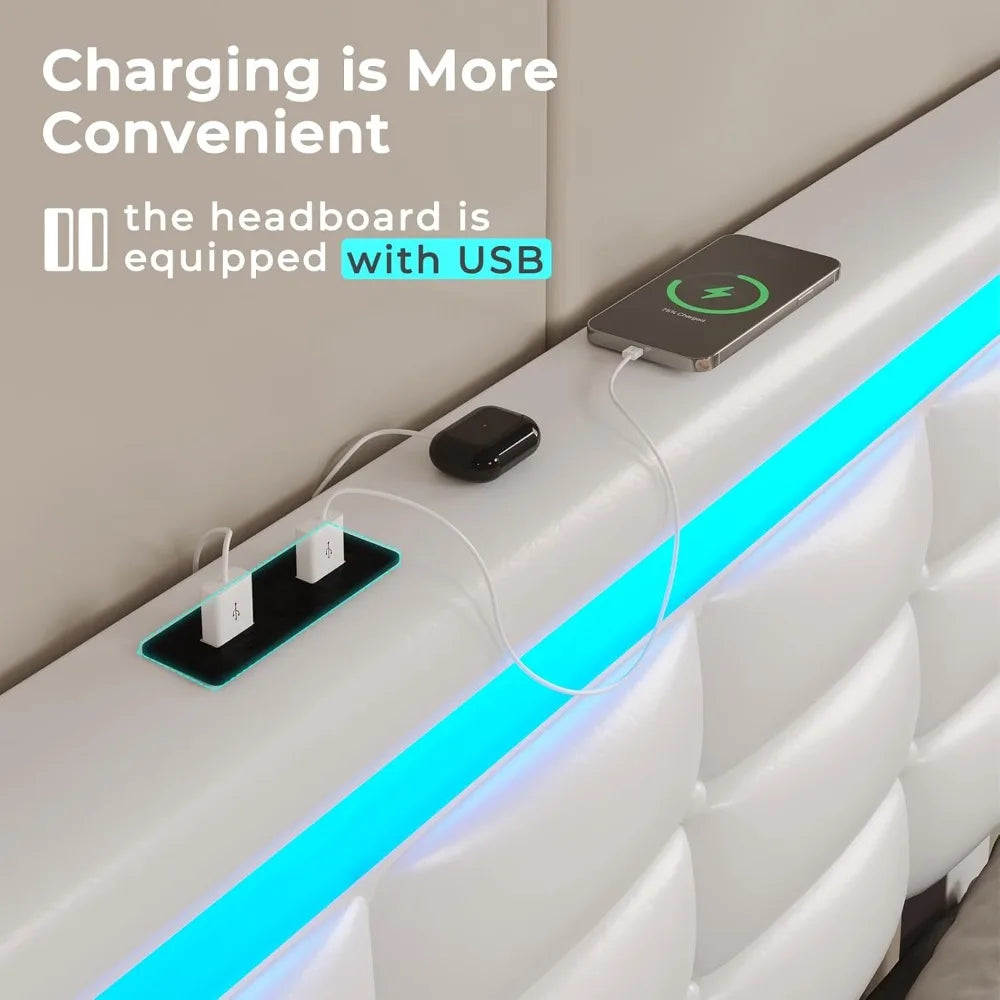 Queen Bed Frame w/Drawers, Charging Station & LED Lights
Queen Pu Leather Bed Frame with Drawers, LED Lights & Charging Station
