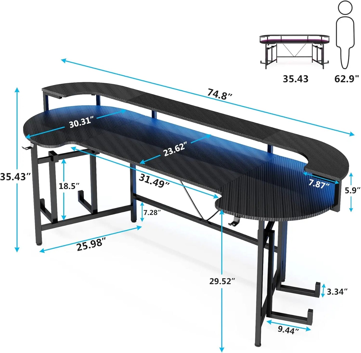 75 Inch Gaming Desk with Monitor Shelf