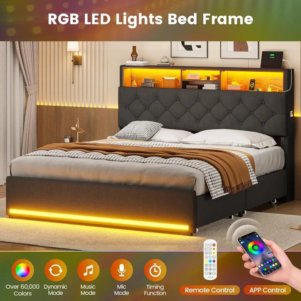 Queen/Twin Bed Frames w/Headboard & 4 Drawers, LED Charging Station