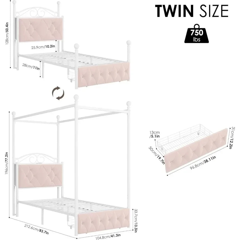 Twin Upholstered Canopy Bed Frame with 2 Drawers & Crystal Tufted Storage Headboard, Pink Princess Bed, Curtain Not Included