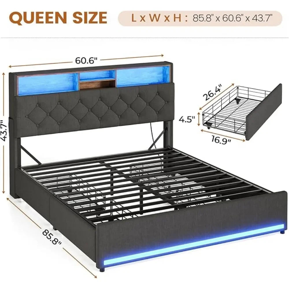 Queen/Twin Bed Frames w/Headboard & 4 Drawers, LED Charging Station