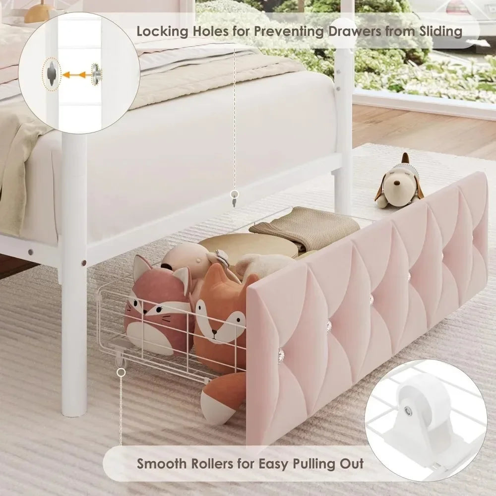 Twin Upholstered Canopy Bed Frame with 2 Drawers & Crystal Tufted Storage Headboard, Pink Princess Bed, Curtain Not Included