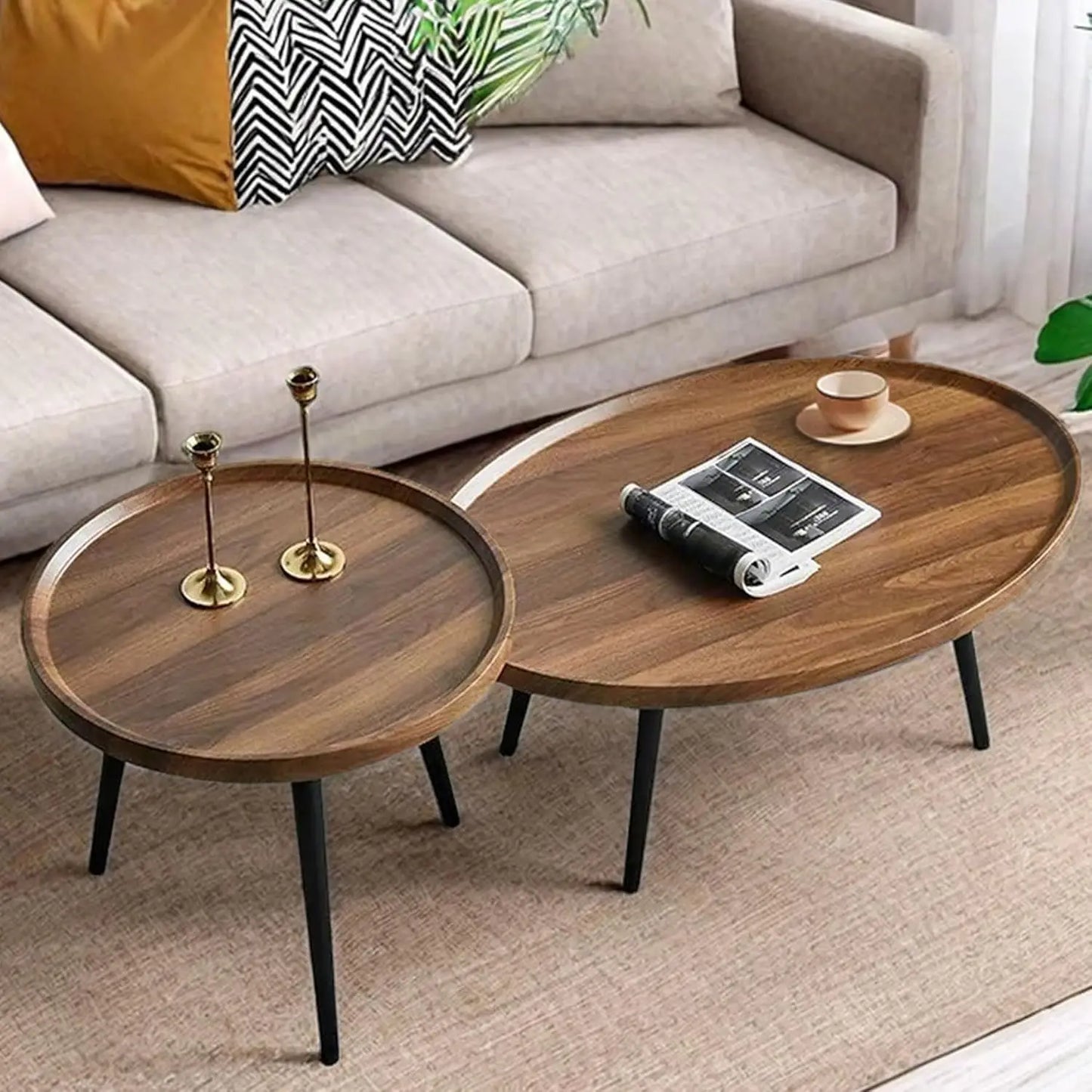 Mid Century Modern Coffee Table, Oval+ Round Side Table Set