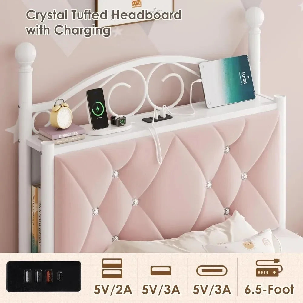 Twin Upholstered Canopy Bed Frame with 2 Drawers & Crystal Tufted Storage Headboard, Pink Princess Bed, Curtain Not Included