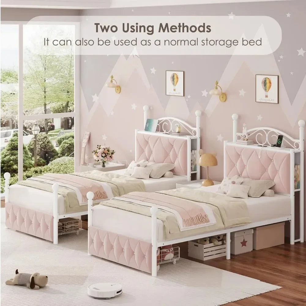 Twin Upholstered Canopy Bed Frame with 2 Drawers & Crystal Tufted Storage Headboard, Pink Princess Bed, Curtain Not Included