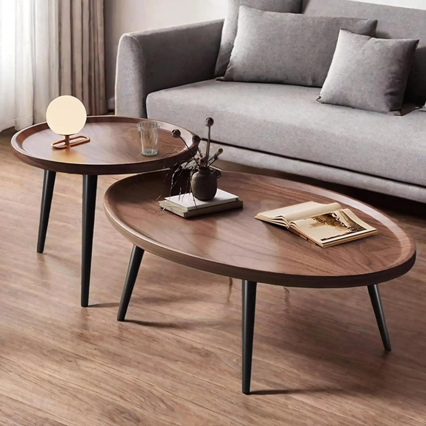 Mid Century Modern Coffee Table, Oval+ Round Side Table Set