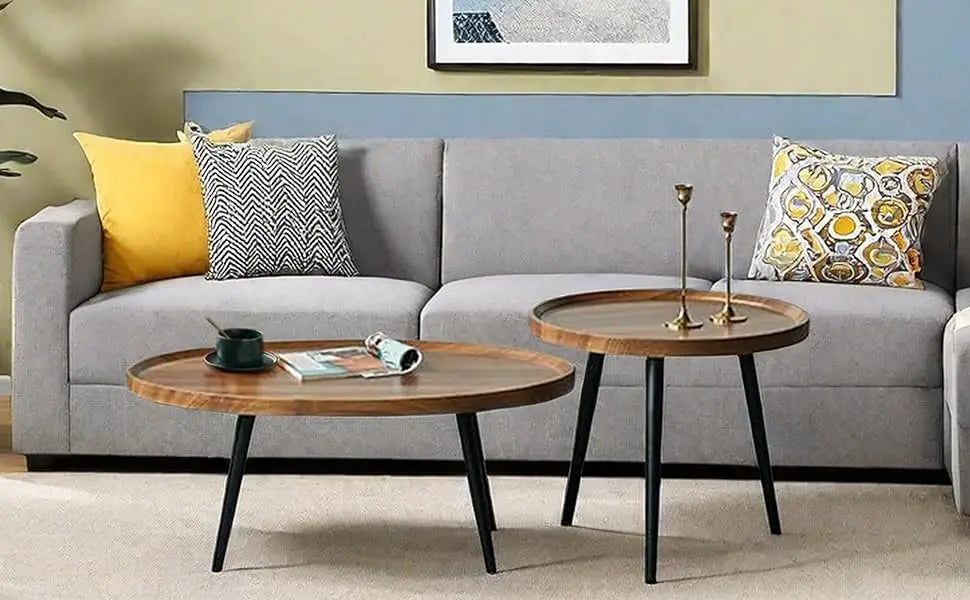 Mid Century Modern Coffee Table, Oval+ Round Side Table Set