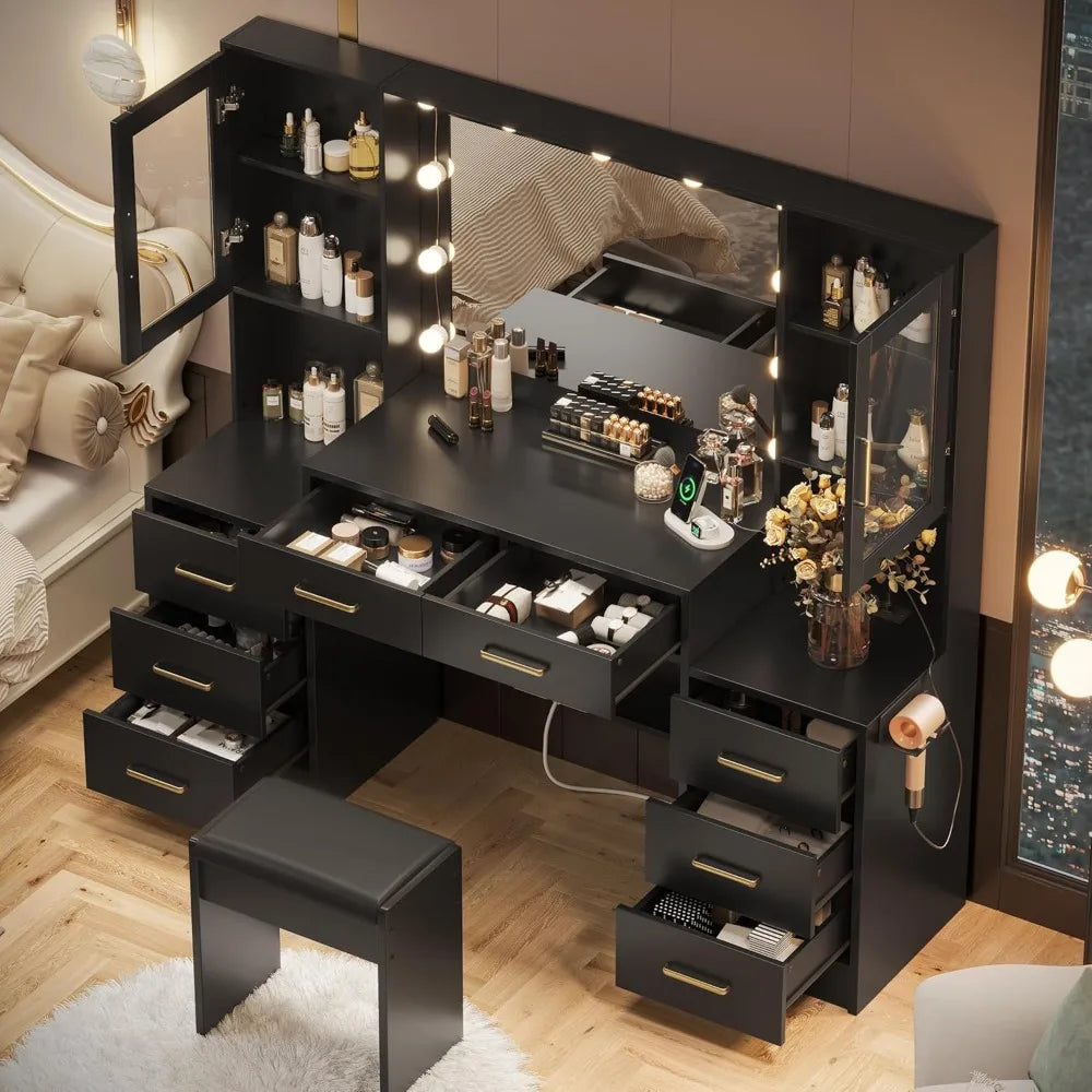 58.3" Makeup Vanity Desk with Mirror, Lights, Charging Station & Cushioned Stool