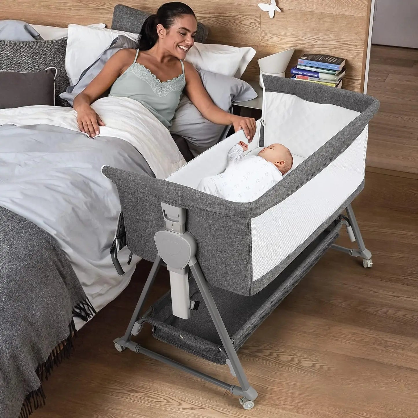 Baby Bassinet With Storage Basket, Beside Sleeper And Wheels to Reduce Mom's Fatigue