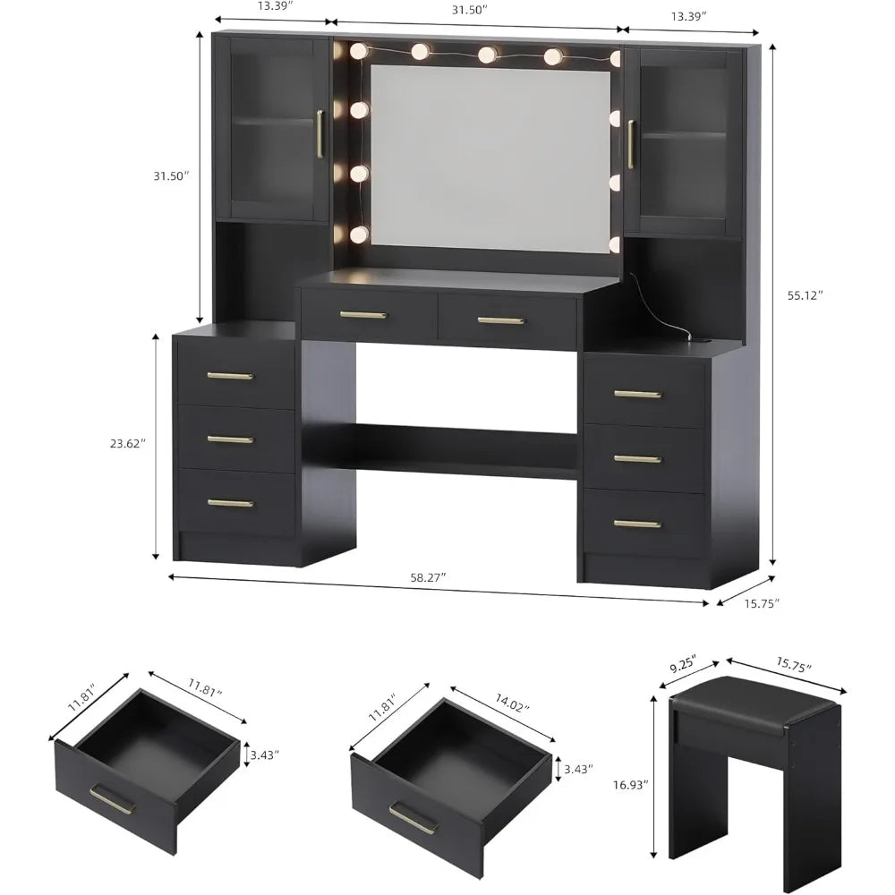 58.3" Makeup Vanity Desk with Mirror, Lights, Charging Station & Cushioned Stool