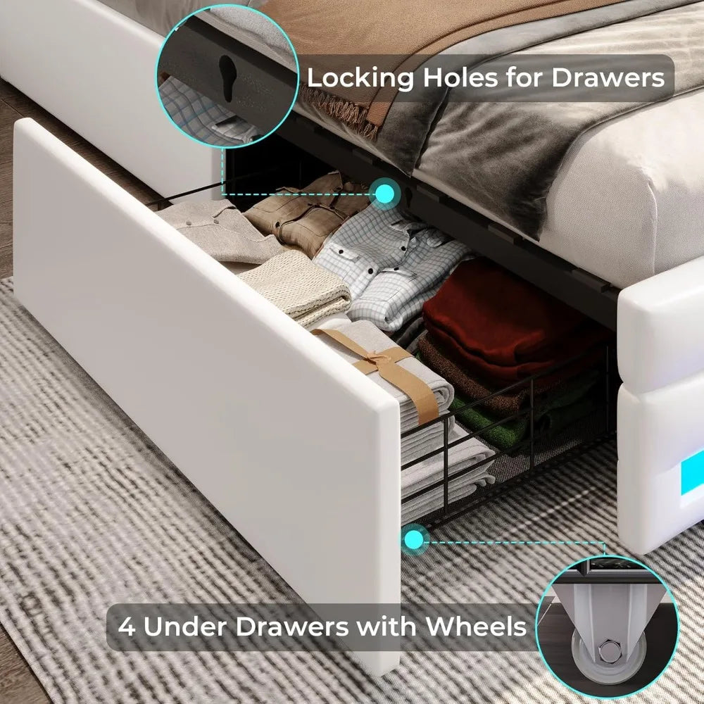 Queen Bed Frame w/Drawers, Charging Station & LED Lights
Queen Pu Leather Bed Frame with Drawers, LED Lights & Charging Station