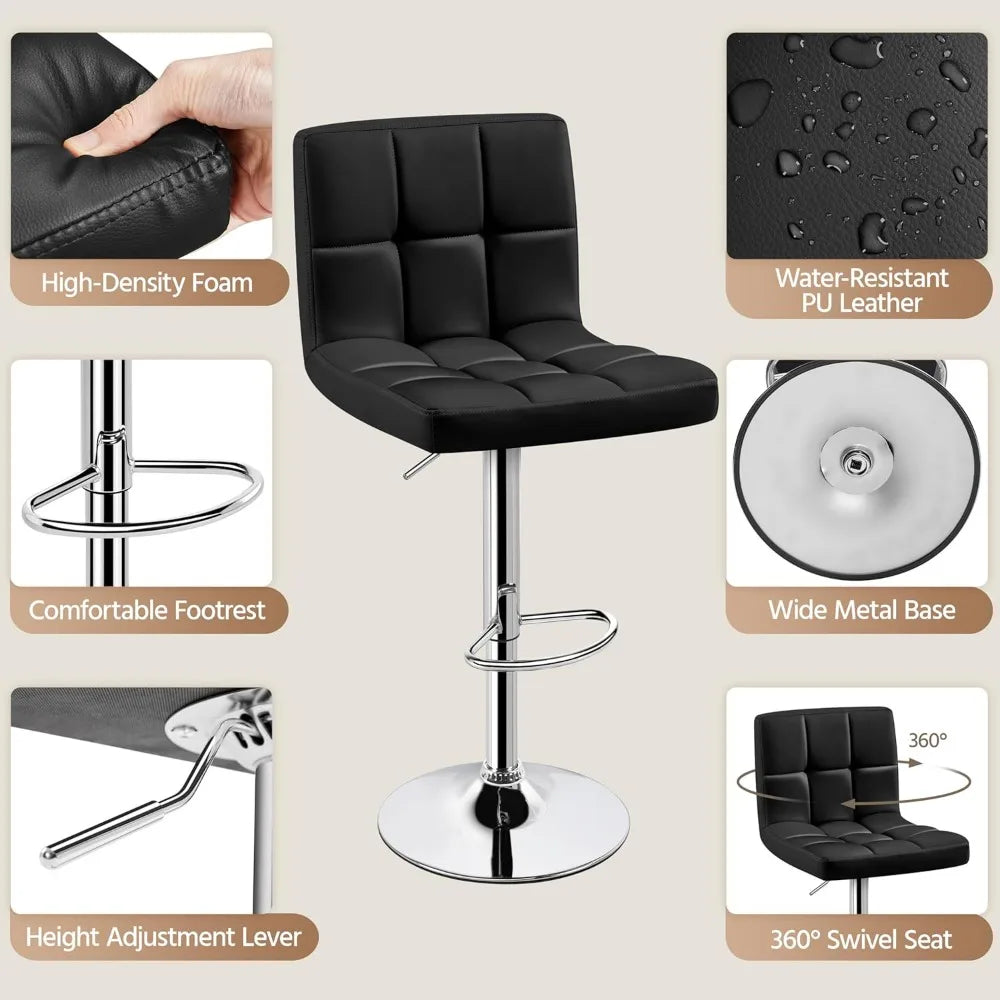 4 Modern Swivel Bar Chairs/Stools Set, Leather, Adjustable with Back