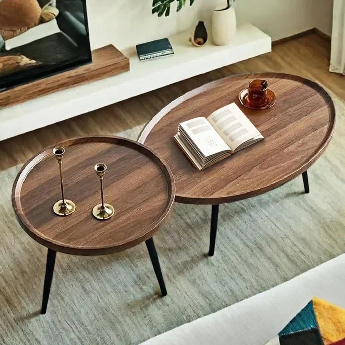 Mid Century Modern Coffee Table, Oval+ Round Side Table Set