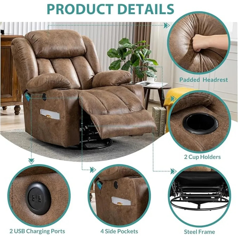Swivel Rocker/Glider with Massage, Heat and Vibration, 360° Lounge Reclining Chair