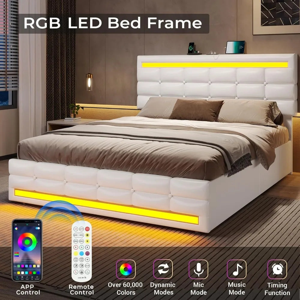 Queen Bed Frame w/Drawers, Charging Station & LED Lights
Queen Pu Leather Bed Frame with Drawers, LED Lights & Charging Station