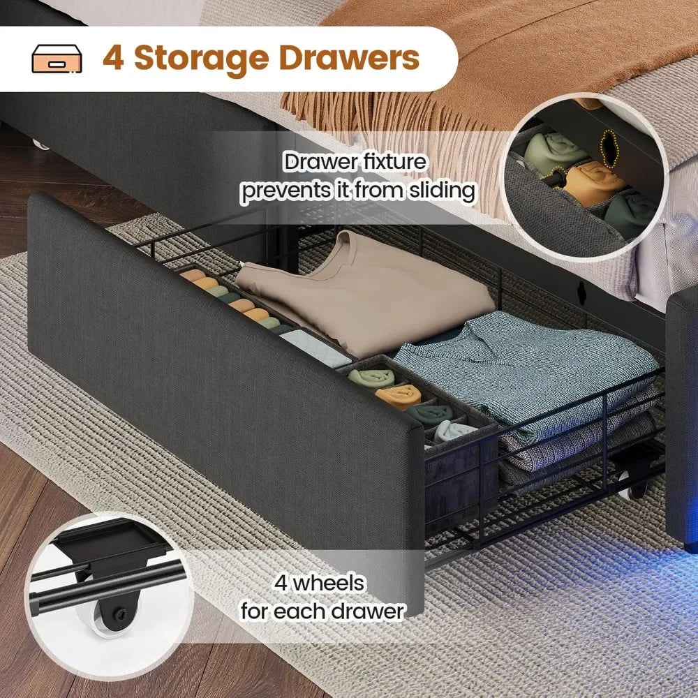 Queen/Twin Bed Frames w/Headboard & 4 Drawers, LED Charging Station