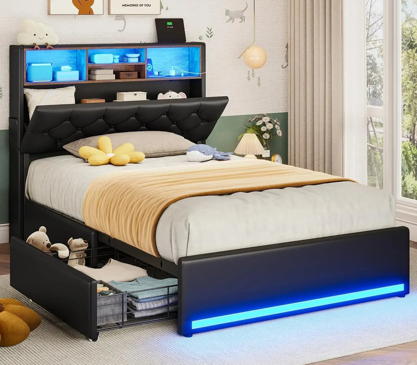 Queen/Twin Bed Frames w/Headboard & 4 Drawers, LED Charging Station