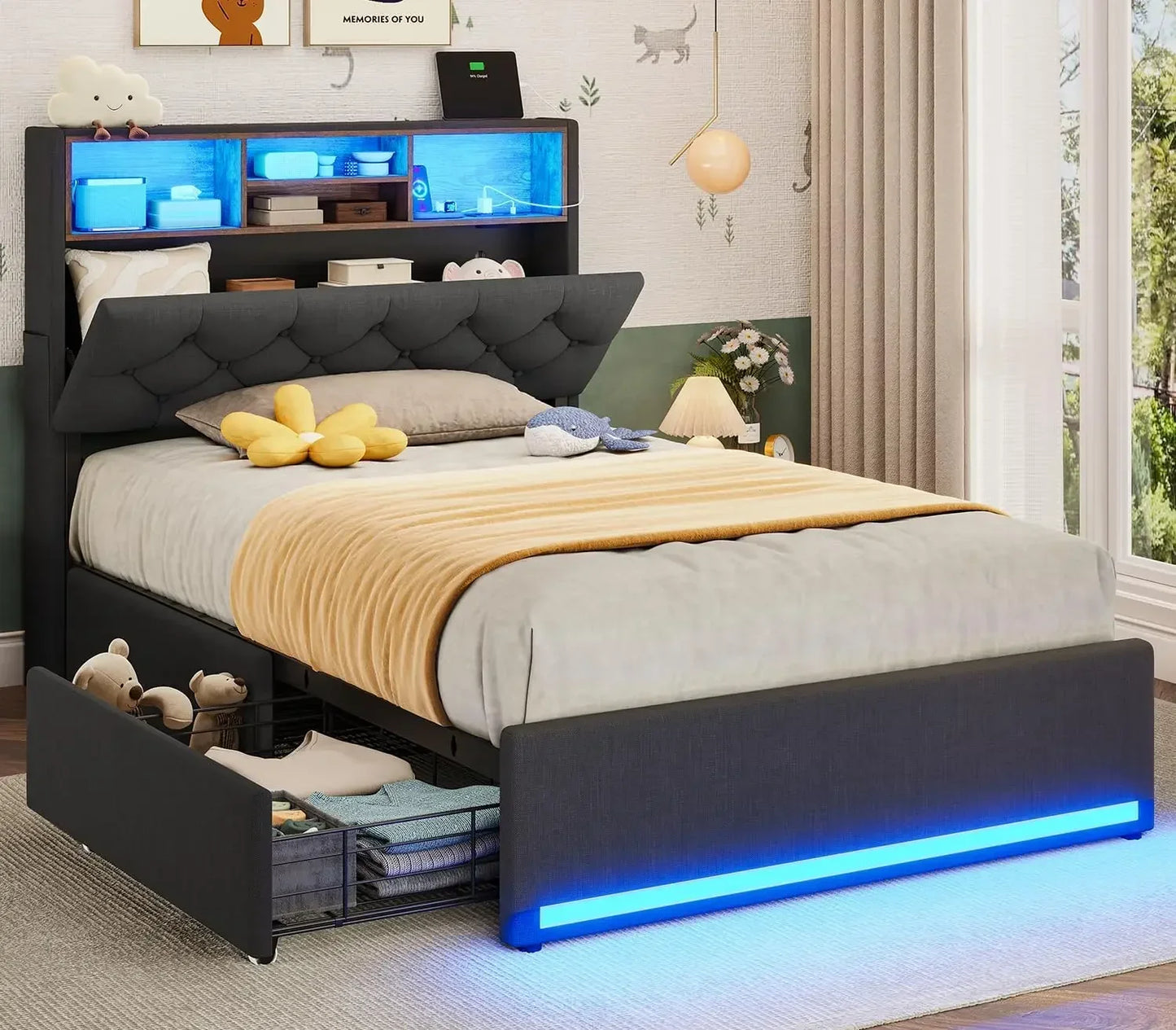 Queen/Twin Bed Frames w/Headboard & 4 Drawers, LED Charging Station