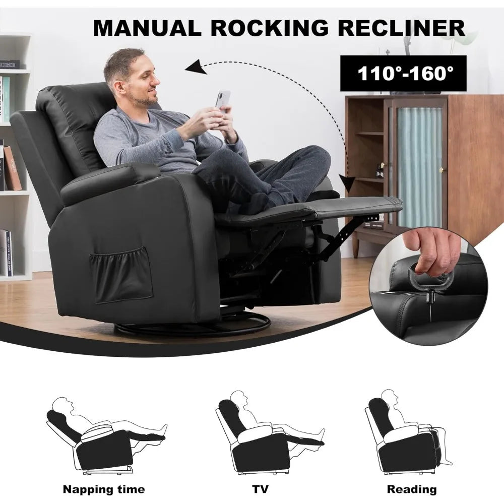 Swivel Recliner/Rocking Chair w/Cup Holders, Heat and Massage