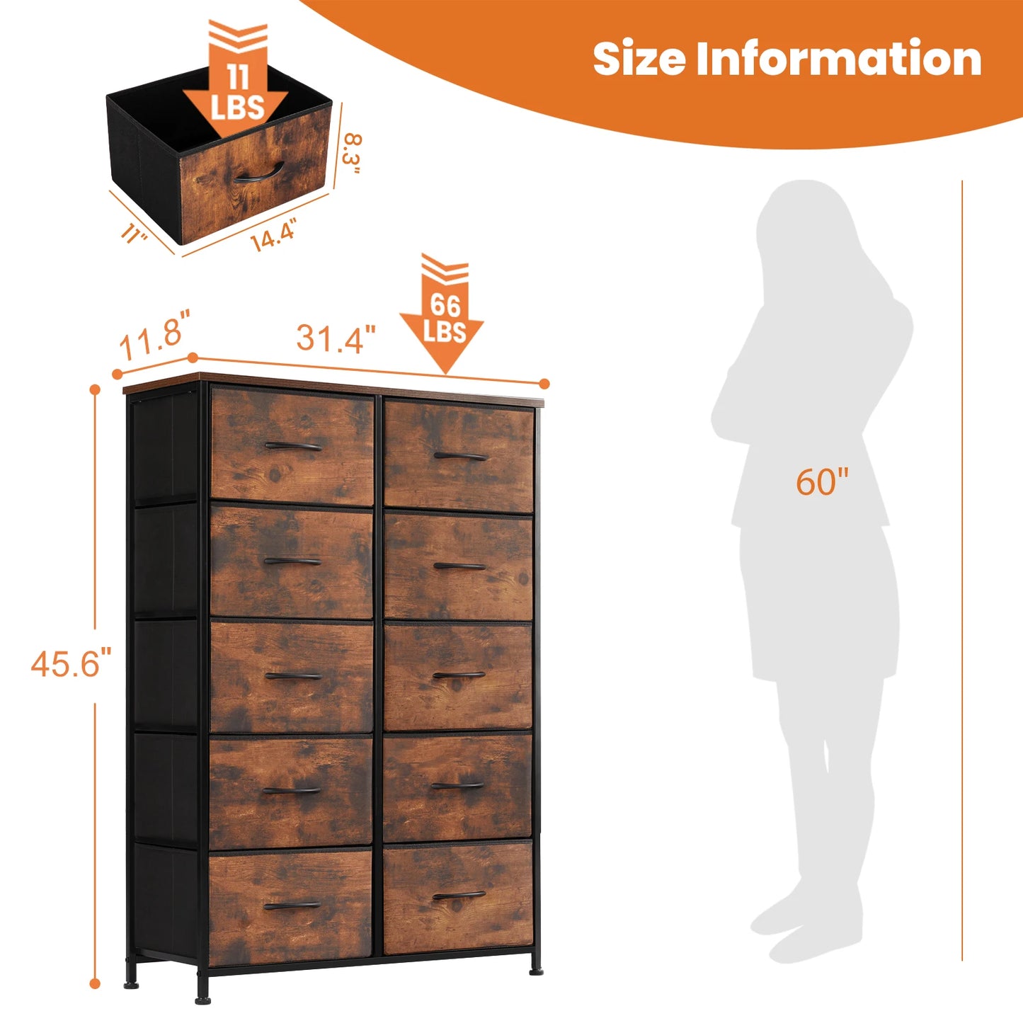 Bedside Table/Chest With 10 Fabric Drawers