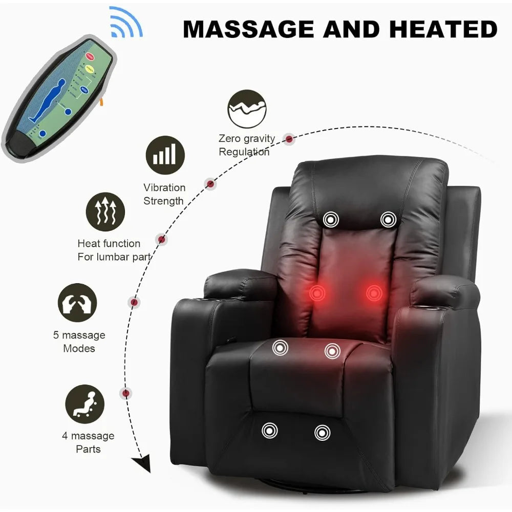 Swivel Recliner/Rocking Chair w/Cup Holders, Heat and Massage