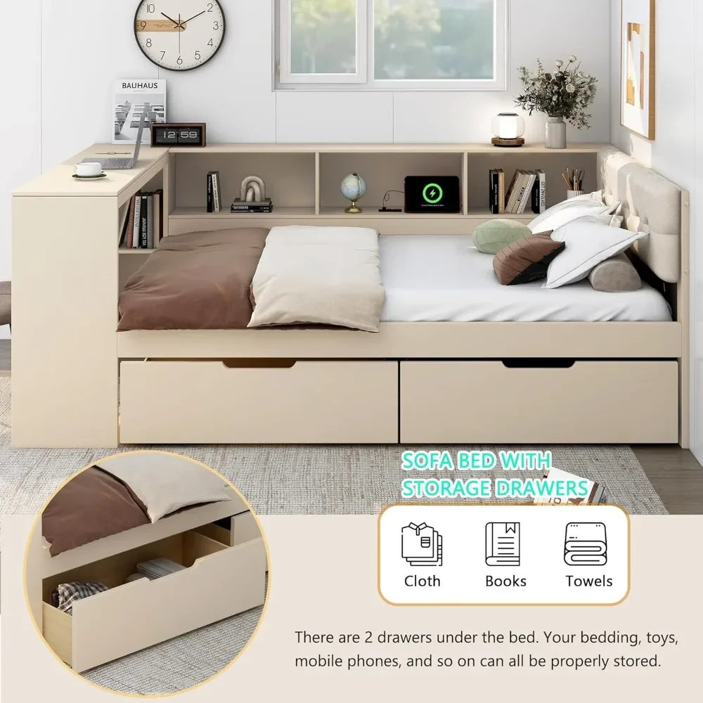 Full Size Wood Daybed with Storage Shelves Built in Desk and Upholstered Headboard