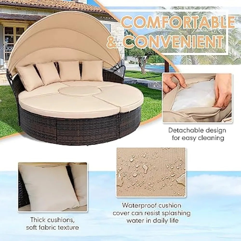 Patio Round Daybed with Retractable Canopy