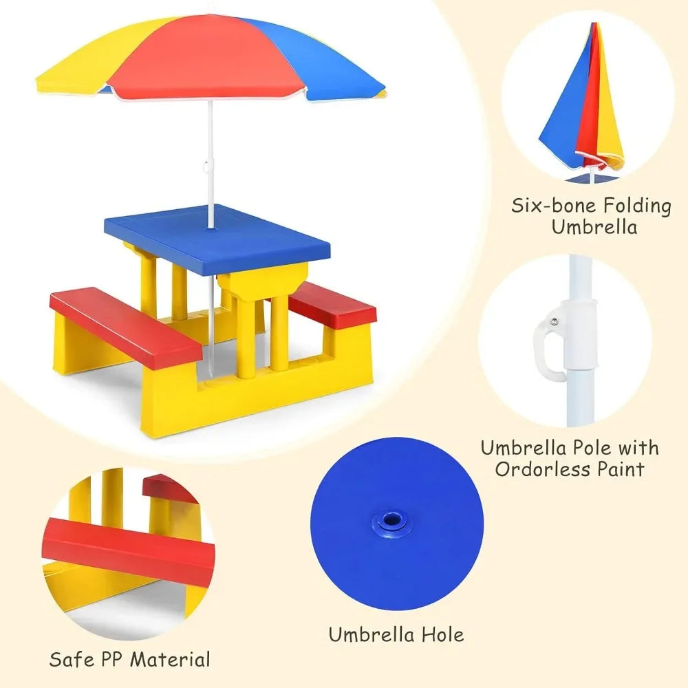 Kids/Toddler Plastic Picnic Table & Bench Set with Umbrella
