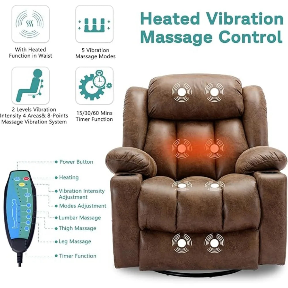 Swivel Rocker/Glider with Massage, Heat and Vibration, 360° Lounge Reclining Chair
