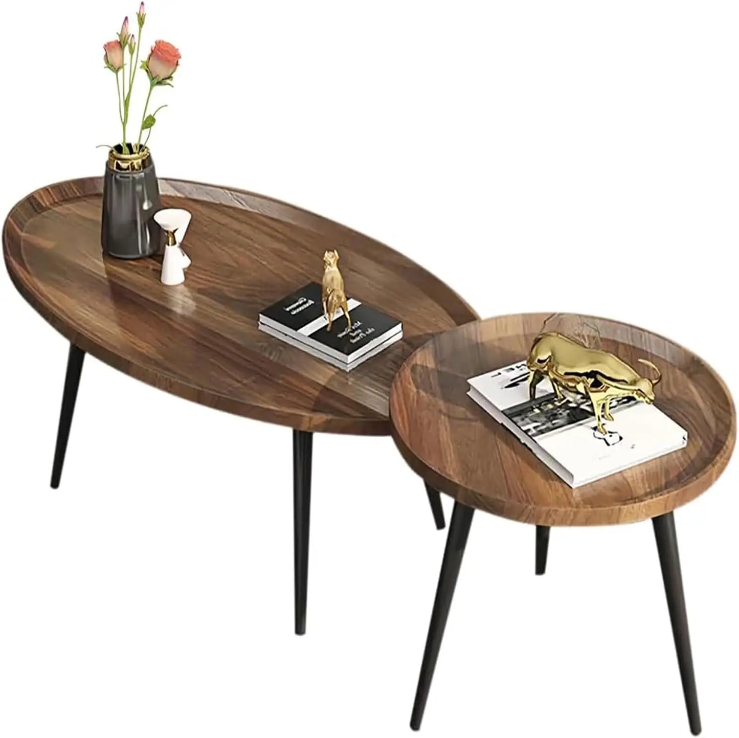 Mid Century Modern Coffee Table, Oval+ Round Side Table Set
