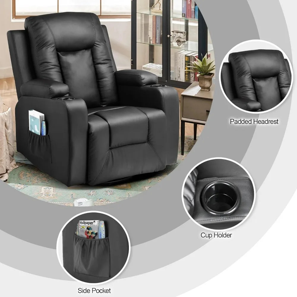Swivel Recliner/Rocking Chair w/Cup Holders, Heat and Massage