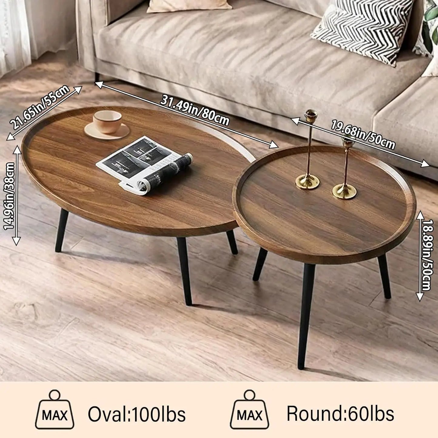 Mid Century Modern Coffee Table, Oval+ Round Side Table Set