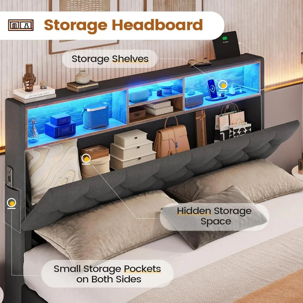 Queen/Twin Bed Frames w/Headboard & 4 Drawers, LED Charging Station