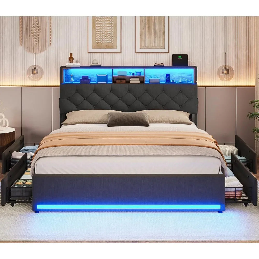Queen/Twin Bed Frames w/Headboard & 4 Drawers, LED Charging Station