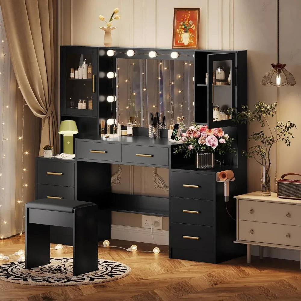 58.3" Makeup Vanity Desk with Mirror, Lights, Charging Station & Cushioned Stool