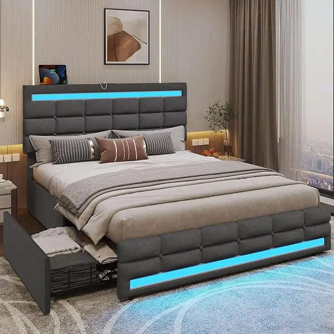 Queen Bed Frame w/Drawers, Charging Station & LED Lights
Queen Pu Leather Bed Frame with Drawers, LED Lights & Charging Station