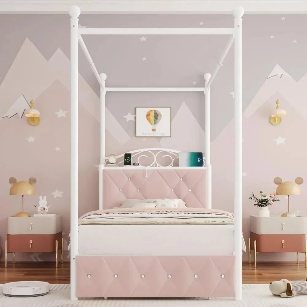 Twin Upholstered Canopy Bed Frame with 2 Drawers & Crystal Tufted Storage Headboard, Pink Princess Bed, Curtain Not Included