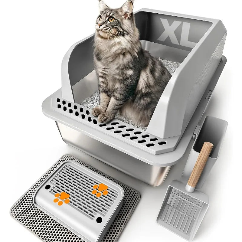 Stainless Steel Cat Litter Box with Lid, XL Enclosed Pan with High Sides